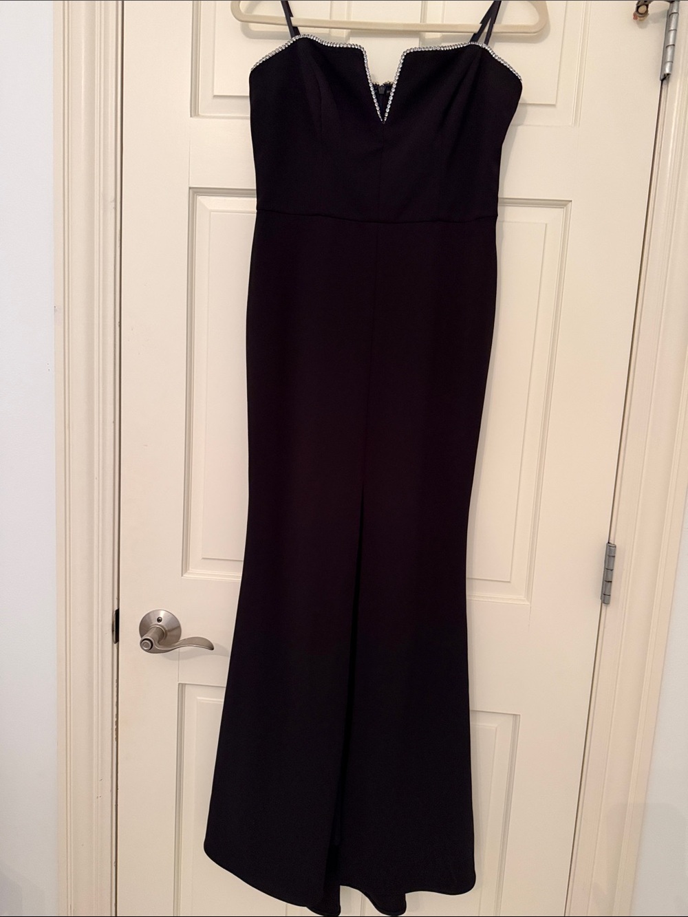 Classic Black Strapless Evening Gown with Beaded Neckline